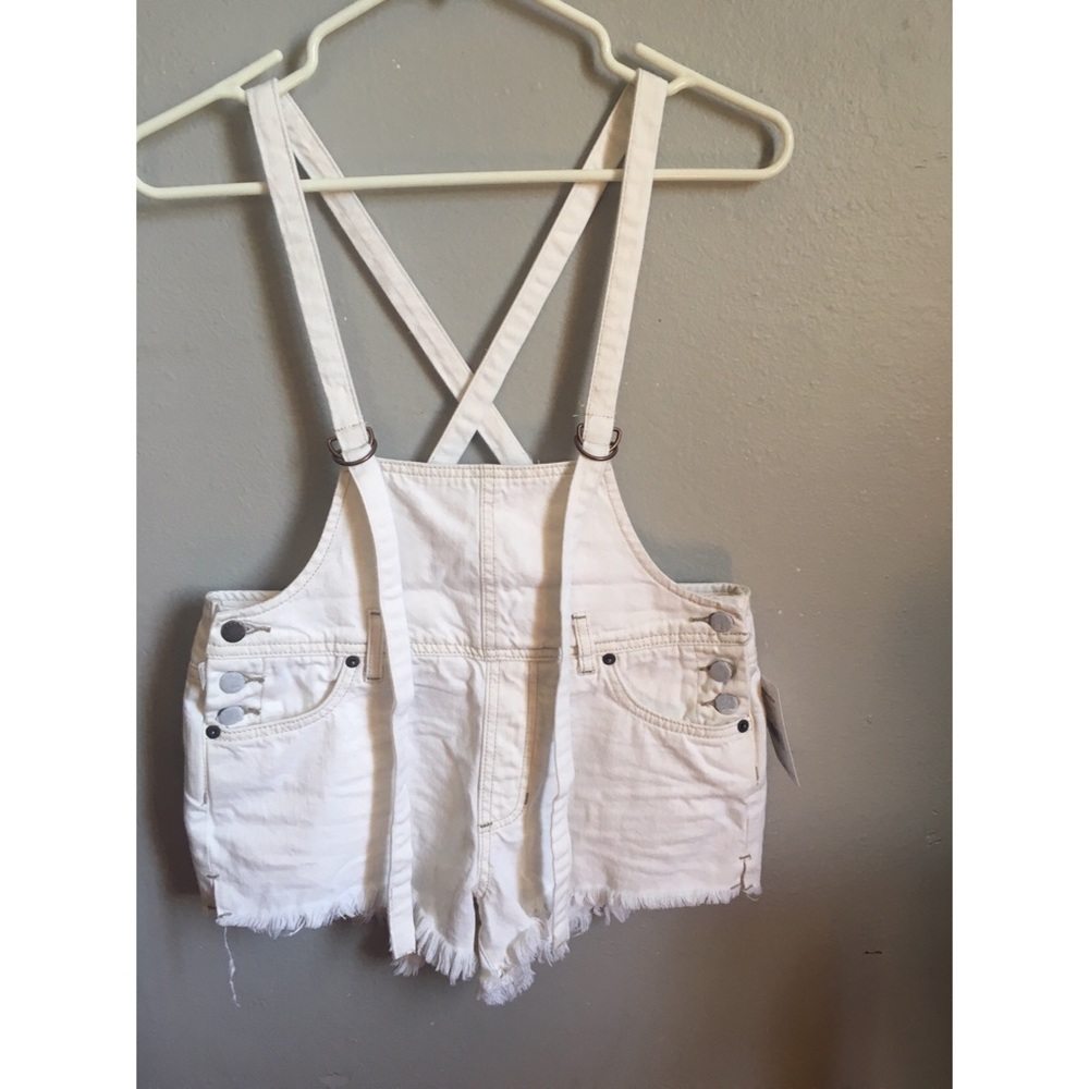 We The Free Strappy Denim Short Distressed Overall